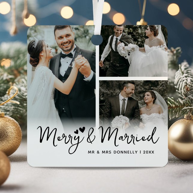 Merry & Married Newlywed Keepsake Christmas Metal Ornament (Creator Uploaded)