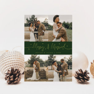 Merry & Married Newlywed Multi Photo Green Holiday Card