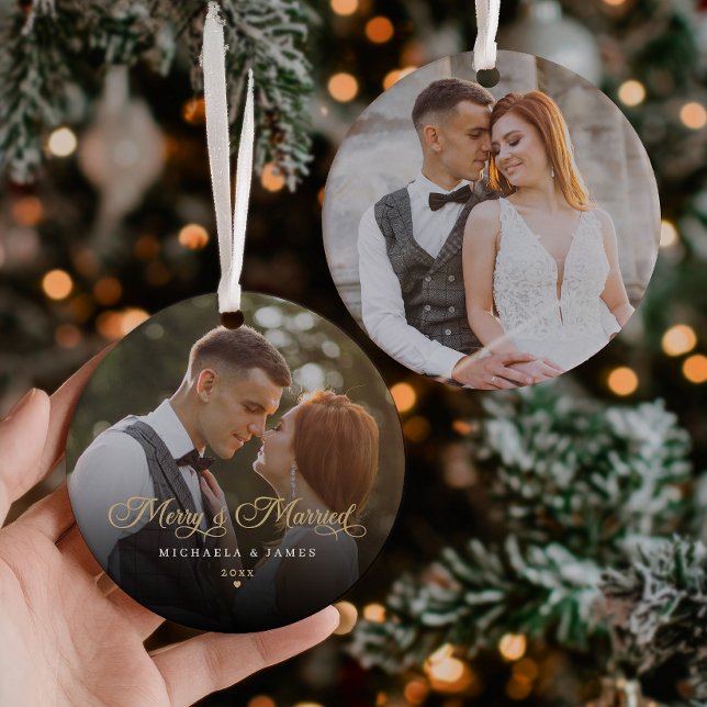 Merry & Married Newlywed Photo Ceramic Ornament (Creator Uploaded)