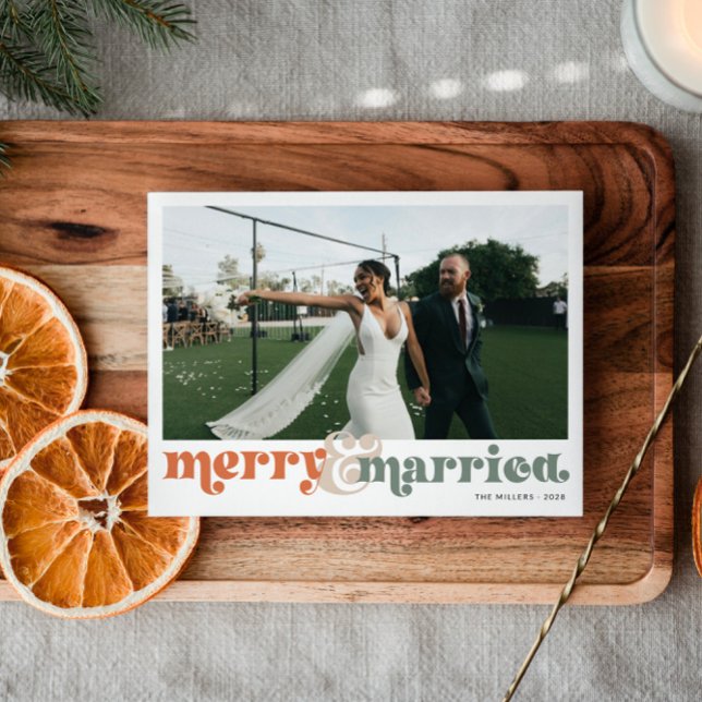 Merry & Married Newlywed Photo Christmas Holiday Postcard (Retro Newlywed Photo Christmas Card)