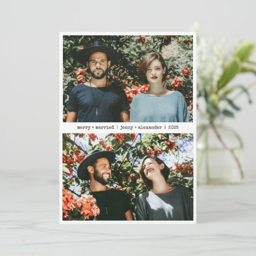 Merry Married Newlywed Two Photo Minimalist  Holiday Card