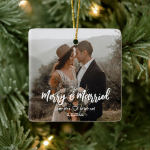 merry&married, newlyweds 2 photos handwriting ceramic ornament