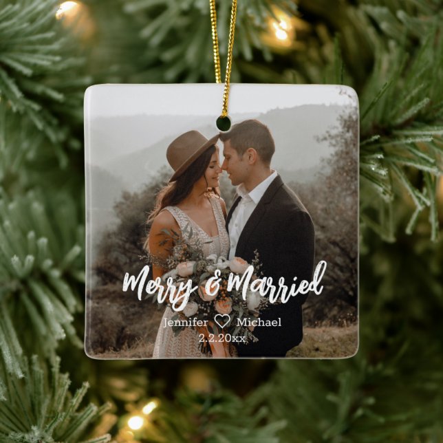 merry&married, newlyweds 2 photos handwriting ceramic ornament (Tree)