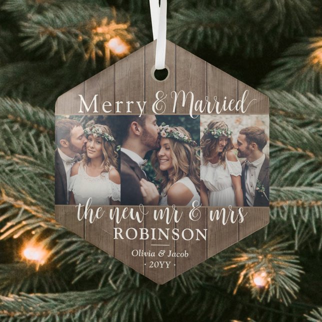 Merry & Married Newlyweds 3 Photo Rustic Faux Wood Glass Ornament (Creator Uploaded)