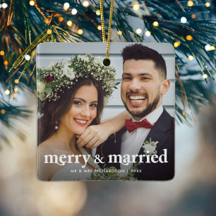 Merry & Married Newlyweds Christmas Photo Ceramic Ornament