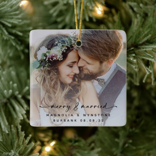 Merry  Married Newlyweds Photo Keepsake Ceramic Ornament