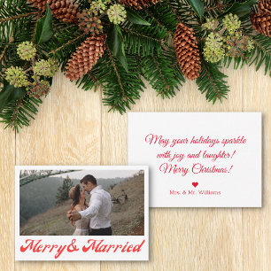 merry & married, newlyweds photo red script note card
