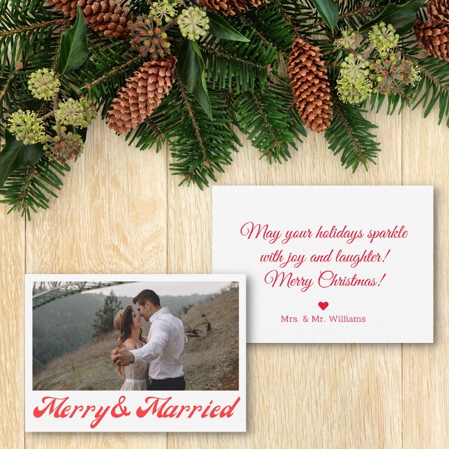 merry & married, newlyweds photo red script  note card (Creator Uploaded)