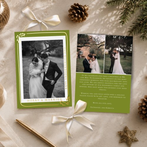 Merry &amp; Married Olive Green 3 Photo Christmas Foil Holiday Card