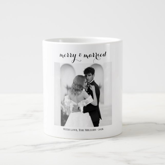 Merry & Married - Personalized Newlywed Christmas  Giant Coffee Mug (Front)