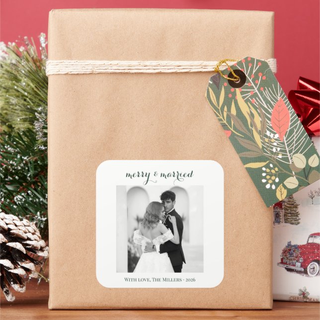 Merry & Married - Personalized Newlywed Christmas  Square Sticker (Holiday)