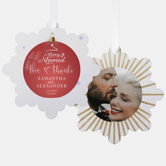 Merry & Married Photo Christmas Wedding Thank You Ornament Card (Front/Back)