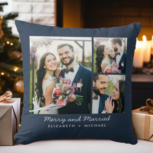 Merry Married Photo Collage Newlywed Christmas Throw Pillow