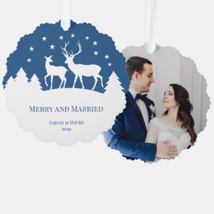 Merry & Married Photo Deer Stag & Doe Blue White Ornament Card