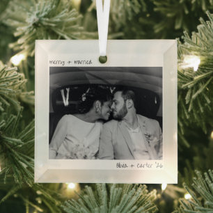 Merry Married Photo Handwriting Simple Christmas Glass Ornament