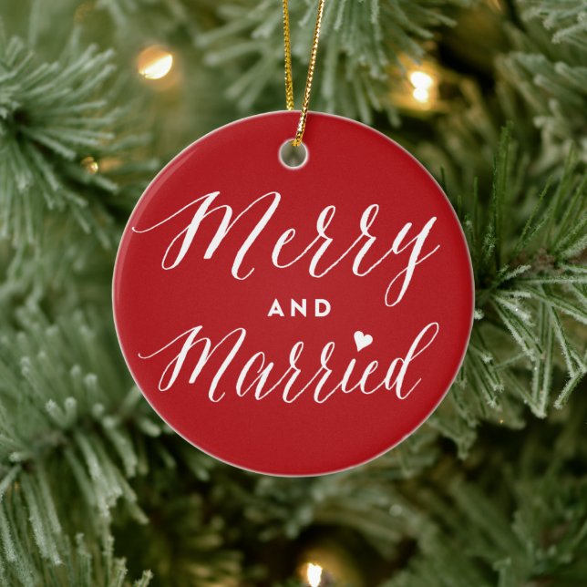 Merry & Married Photo Holiday Wedding Announcement Ceramic Ornament (Tree)