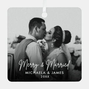 Merry & Married Photo, Names & Year Metal Ornament