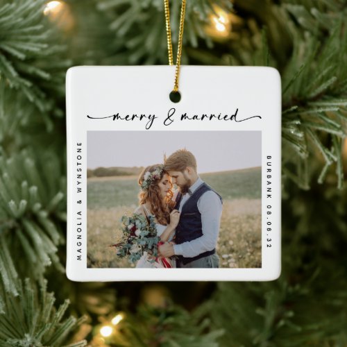 Merry  Married Photo Newlyweds Keepsake Ceramic Ornament