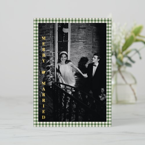 Merry Married Photo Wedding Green Gingham Gold Foil Holiday Card