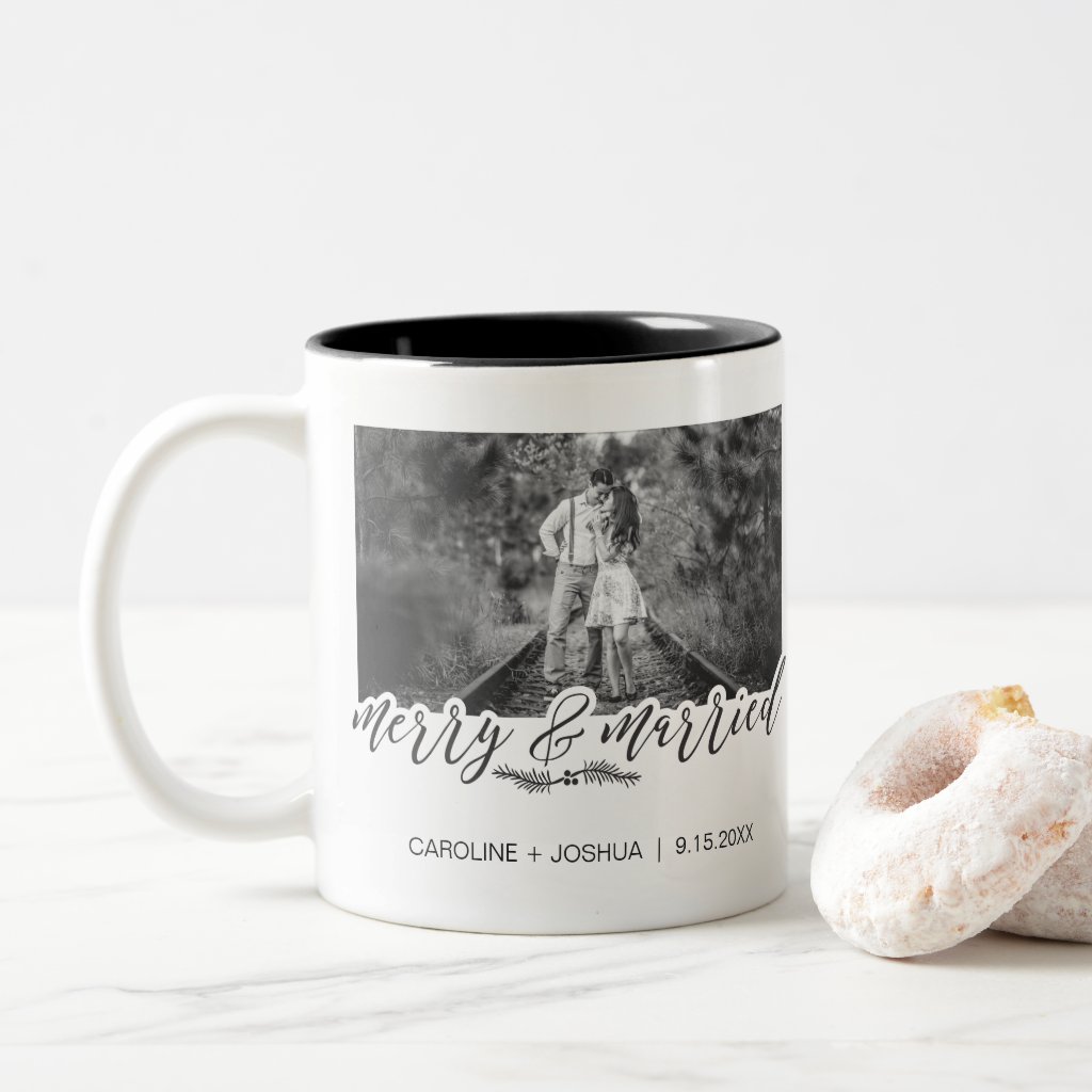 Merry & Married Photo with Pine Branch Two-Tone Coffee Mug