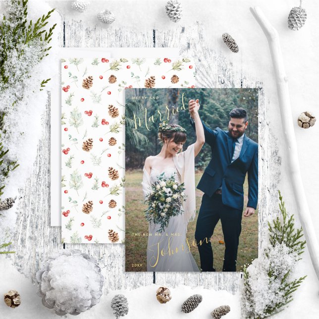 Merry & Married Pine Berry Wedding Photo Foil Holiday Card (Creator Uploaded)