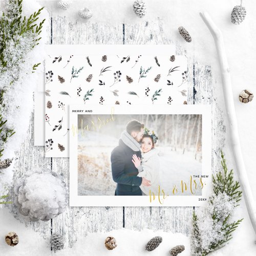 Merry  Married Pinecone Wedding Photo Foil Holiday Card