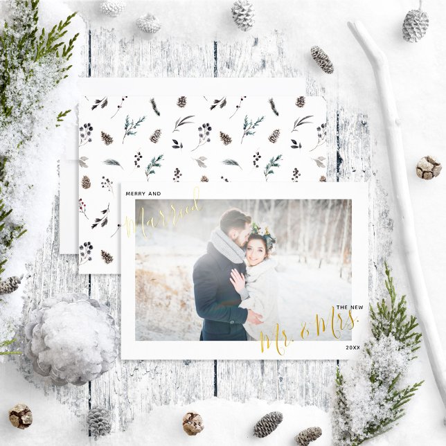 Merry & Married Pinecone Wedding Photo Foil Holiday Card (Creator Uploaded)