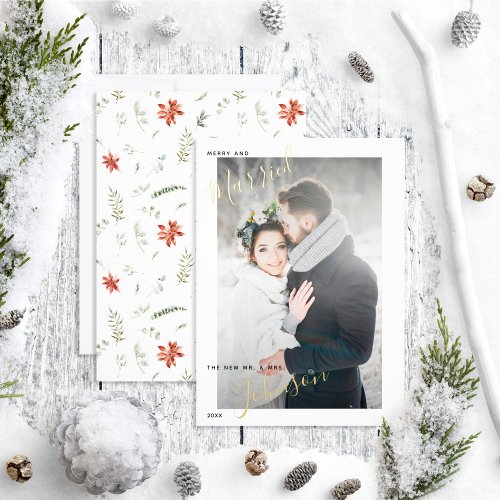 Merry  Married Poinsettia Berry Wedding Photo Foil Holiday Card