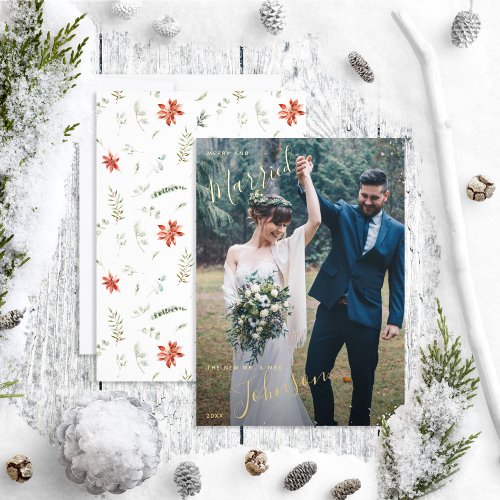 Merry  Married Poinsettia Berry Wedding Photo Foil Holiday Card