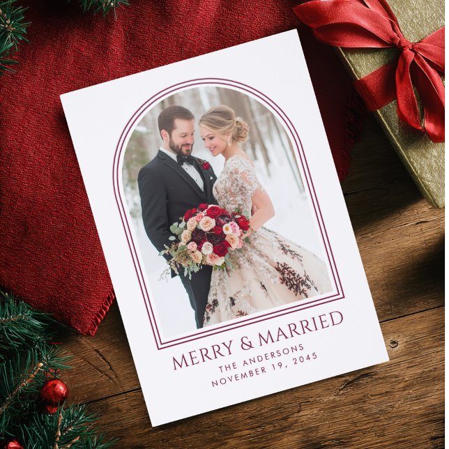Merry & Married Red Arch Holiday Wedding Letterpress Photo Cards (Creator Uploaded)