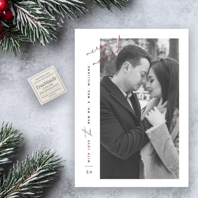 Merry Married Red Black & White Newlywed Photo Holiday Card (Creator Uploaded)