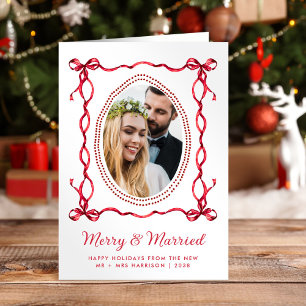 Merry Married Red Bow Newlyweds Christmas Photo Holiday Card