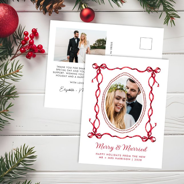 Merry Married Red Bow Newlyweds Christmas Photo Holiday Postcard (Creator Uploaded)