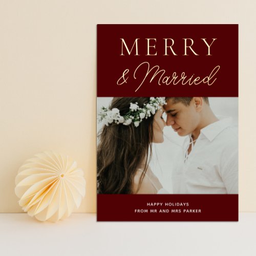 Merry Married Red Gold Script Photo Christmas Foil Holiday Card