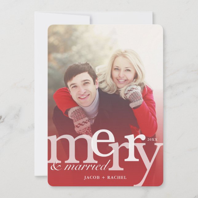 MERRY & Married Red Overlay Photo Christmas Holiday Card (Front)