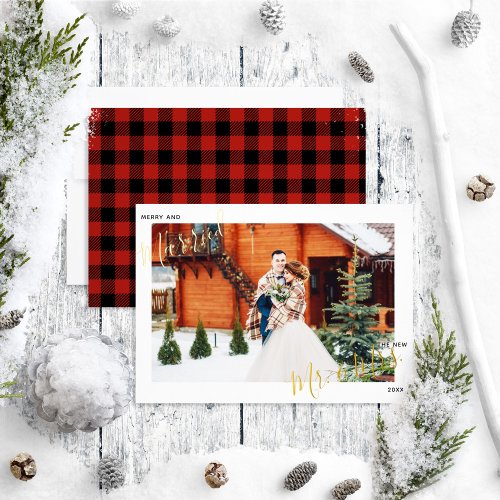 Merry  Married Red Plaid Winter Photo Foil Foil Holiday Card