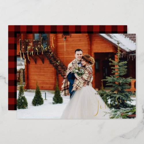 Merry  Married Red Plaid Winter Wedding Photo Foil Holiday Card