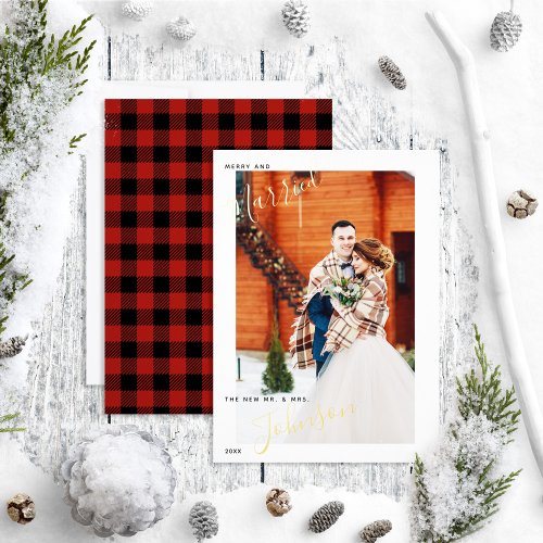 Merry  Married Red Plaid Winter Wedding Photo Foil Holiday Card