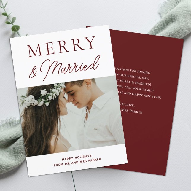 Merry Married Red Script Modern Photo Christmas Holiday Card (Creator Uploaded)