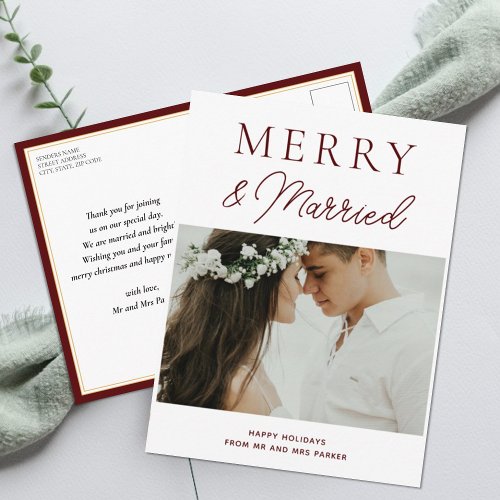 Merry Married Red Script Modern Photo Christmas Holiday Postcard