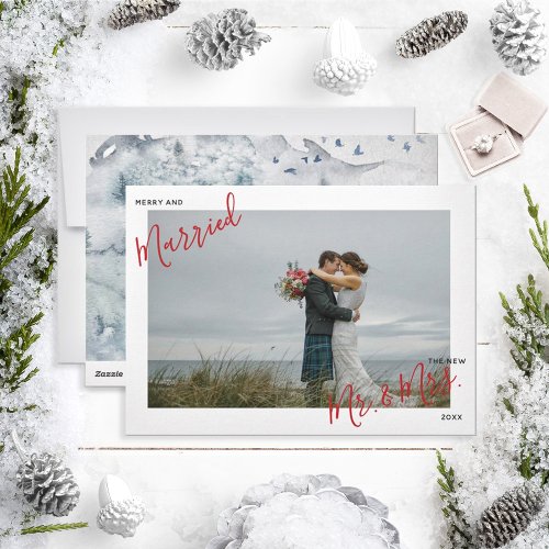 Merry  Married Red Script  Mr  Mrs Photo Xmas Holiday Card