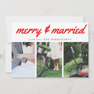 Merry & Married Red Typography Three Photo Holiday Card