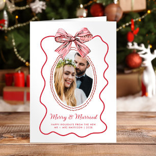 Merry Married Red Wavy Frame Bow Photo Christmas Holiday Card