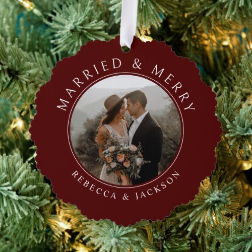 Merry Married Red Wedding Photo Christmas Ornament Card