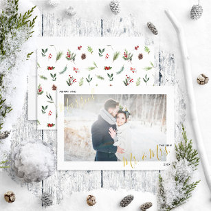 Merry & Married Red Winter Wedding Photo Foil Holiday Card