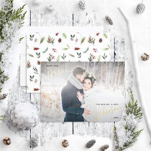 Merry  Married Red Winter Wedding Photo Foil Holiday Card