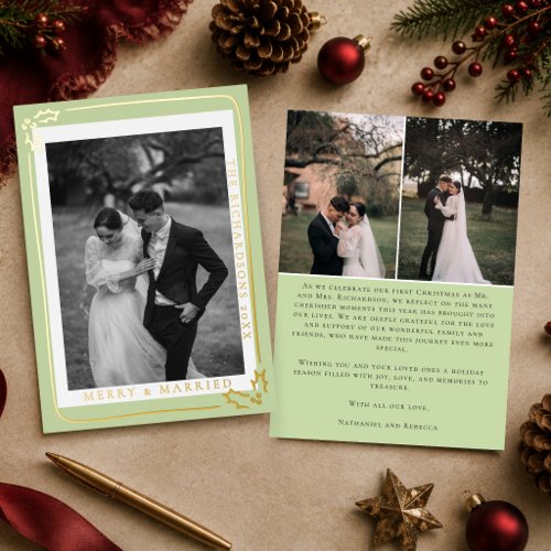 Merry & Married Sage Green 3 Photo Christmas Foil Holiday Card