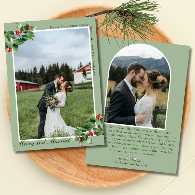 Merry & Married Sage Mistletoe 2 Photo Christmas Holiday Card (Creator Uploaded)