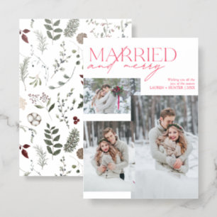 Merry & Married Script 3 Photo Newlywed Holiday Letterpress Photo Cards