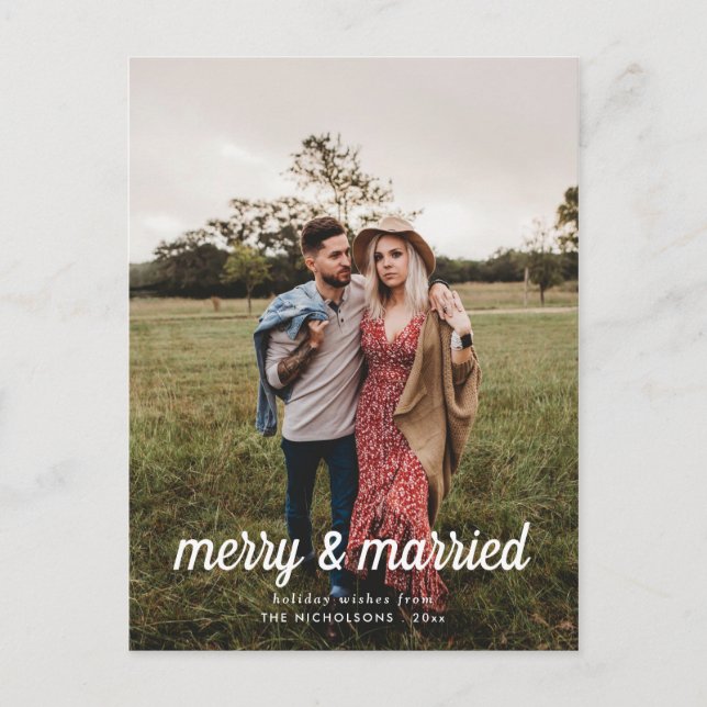 Merry & Married Script First Christmas | Photo Postcard (Front)